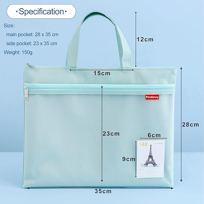 Pendancy Mesh Zipper Pouch 11x13.7 in, 2 pcs Large Double Pocket Waterproof File Bag with Handle, A4 Size Foldable Document Storage for Puzzle Project/Cross Stitch/Travel/Office（Gray Green）