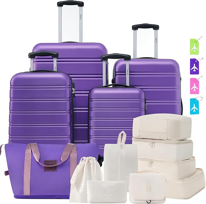 Merax Luggage sets of 13 Piece 16 20 20 28 IN Carry on Luggage Hard Case Purple Luggage Expandable Checked Luggage Suitcase Set with Wheels