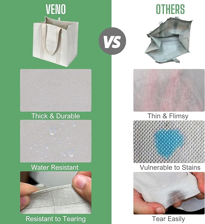 VENO 4 Pack Reusable Grocery Bags, Heavy-Duty Shopping Bags with Handles, Bags for Shopping Cart with Hard Bottom to Stand Upright, Foldable, Multi-Purpose, Sustainable (Beige, 4 Pack)