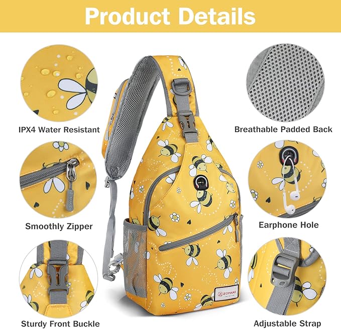 ZOMAKE Sling Bag,Small Crossbody Sling Backpack,Water Resistant Shoulder Daypack for Travel,Anti Thief Chest Bag for Hiking(Bee Yellow)