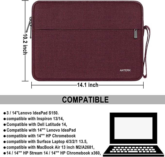 Laptop Sleeve Case 14 Inch, Water Resistant Traveling Computer Cover with Handle, Shockproof Protective Carrying Laptop Bag Compatible for 14 Inch MacBook Air/Pro, HP, Dell, Lenovo, WineRed