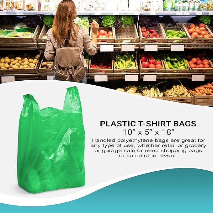 Green T-Shirt Bags, 10 x 5 x 18 Inches. Pack of 1000 Plastic Merchandise Bags, 18 Micron. Unprinted Grocery Bags with Handles. High Density Polyethylene Shopping Bags for Small Business