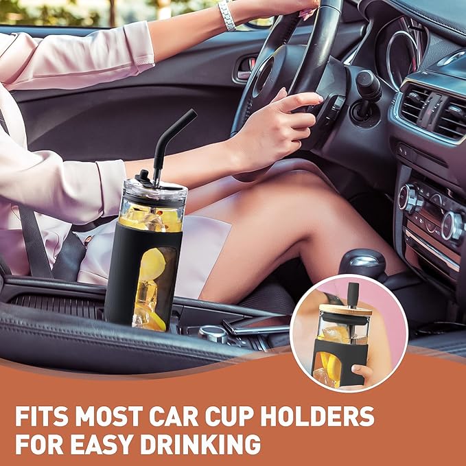 Kodrine 24oz Glass Tumbler with 2 Lids and Straws, Glass Cup With Bamboo Lid and On-the-go Lid, Reusable Iced Coffee Cup, Ideal for Smoothie, Cold Drinks, Fit Cup Holder, BPA Free (1, Black)