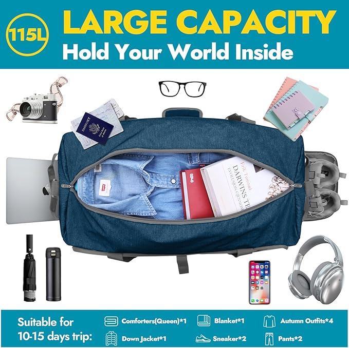 Canway 115L Travel Duffel Bag, Foldable Weekender Bag with Shoes Compartment for Men Women Water-proof & Tear Resistant