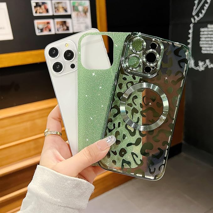 for iPhone 15 Pro Max Case Magnetic,Soft Cute Luxury Leopard Cheetah Pattern Plating Glitter Bling Phone Case Compatible with MagSafe Clear Shockproof Back Cover for Women Girl 6.7"-Green