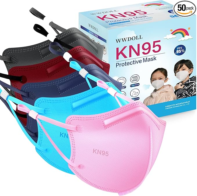 WWDOLL Kid KN95 Face Mask 50 Pack, 5-Layers Breathable KN95 Masks, Multicolored