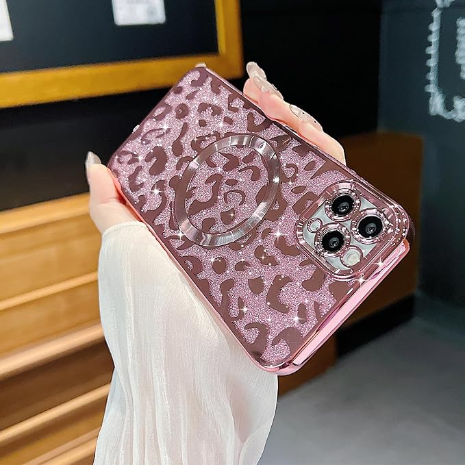 for iPhone 11 Pro Case Magnetic,Soft Cute Luxury Leopard Cheetah Pattern Plating Glitter Bling Phone Case Compatible with MagSafe Clear Shockproof Back Cover for Women Girl 5.8"-Pink