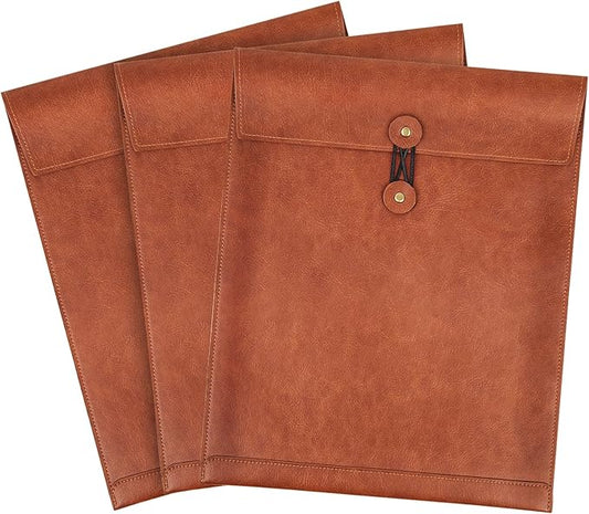 Brown PU Leather File Folder for Documents,Important Document Folder with String Tie,Laptop Sleeve Notebook Case,Leather File Organizer,A4 Envelopes Filing Folder 3PCS