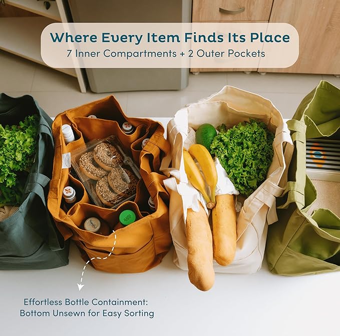Nook Theory 3 Pcs Reusable Grocery Bags - Heavy Duty Canvas Bag, Large Grocery Tote for Shopping, Picnic, and Daily, 100% Cotton (Army)