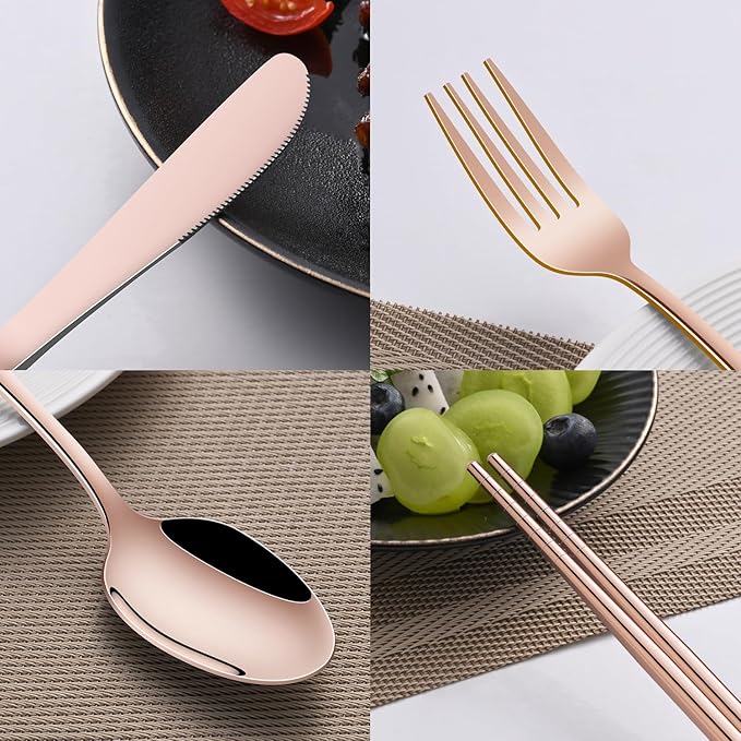 Travel Silverware Set Rose Gold Camping Picnic Utensils Set With Case Includes Knife Spoon Fork Chopsticks,Office Work Lunch Personal Flatware Set