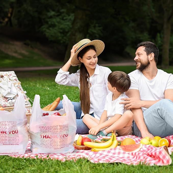 Delxo Grocery Bags Thank You Plastic T-Shirt Bag (1000 Count), White Supermarket Shopping Bags with Handles for Restaurant, Retail, To Go, Takeout, Convenience Stores 11.5 x 6.5 x 21 In