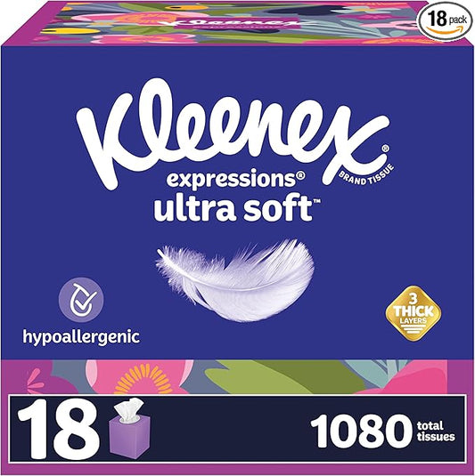 Kleenex Expressions Ultra Soft Facial Tissues, 18 Cube Boxes, 60 Tissues per Box, 3-Ply (1,080 Total Tissues), Packaging May Vary