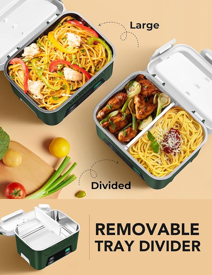 EAST OAK Cordless Electric Lunch Box for Adults, Heated Lunch Box Battery Powered with Automatic Heating, 5.5 Cups Portable Food Warmer with Removable Tray Divider