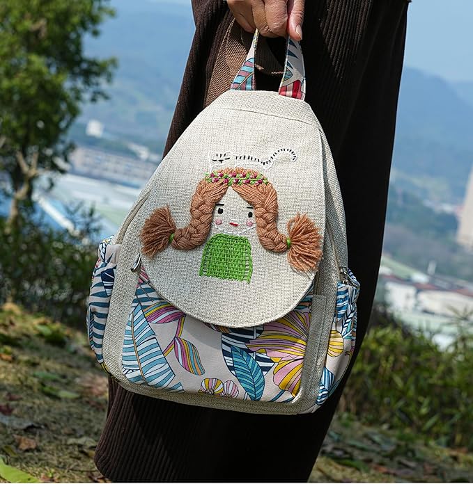 HUANGGUOSHU Women Cotton Woven Bohemian Hemp Boho Canvas Embroidery Multi Pocket Retro Cute Backpack Wallet Backpack Little girl and dog watch the sea
