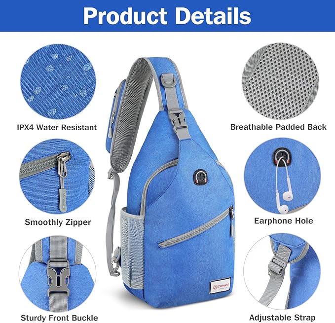 ZOMAKE Sling Bag,Small Crossbody Sling Backpack,Water Resistant Shoulder Daypack for Travel,Anti Thief Chest Bag for Hiking(Blue)