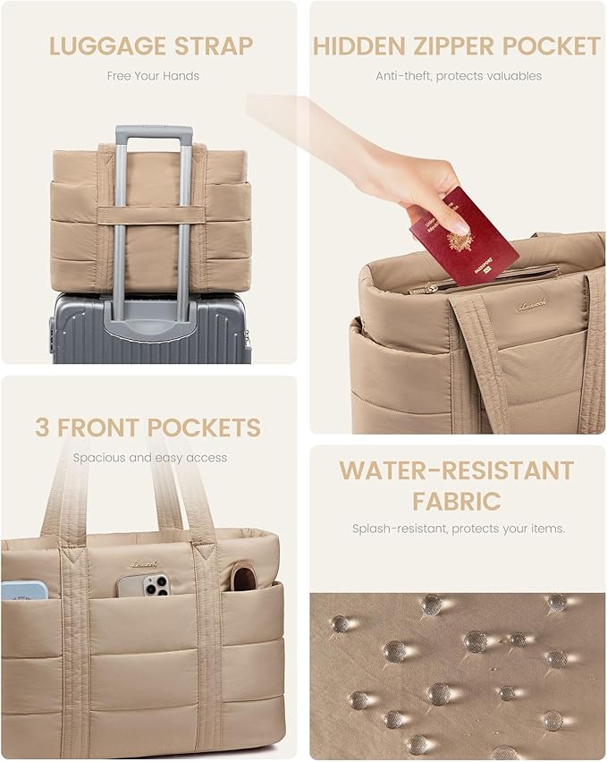 LOVEVOOK Tote Bag for Women, Large Puffer Work Tote Laptop Bag, Lightweight Travel Tote Bag with Zipper Gifts for Women