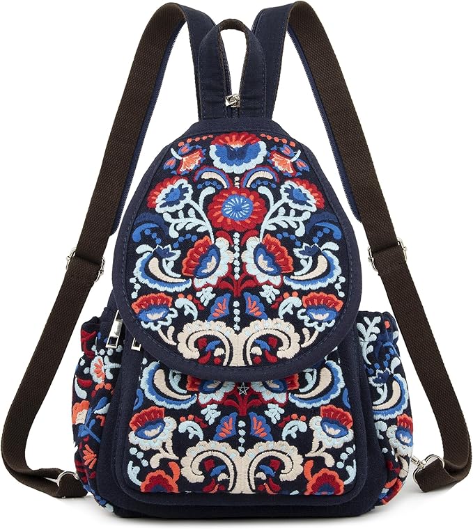 SILKAREA Vintage Embroidered Floral Ethnic Backpack for Women Handbag Shoulder Bag Mini Travel Purse (Embroidered Blue)