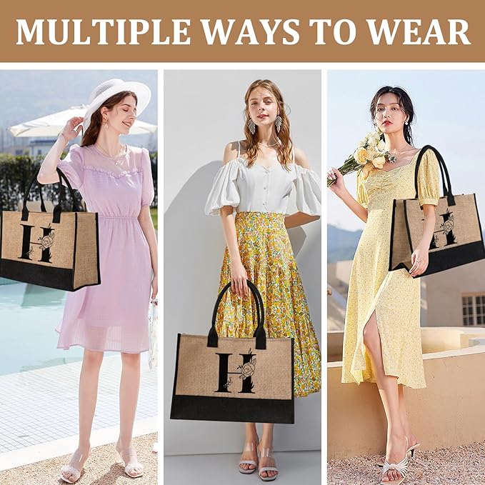 AYGE Personalized Initial Jute Tote Bag & Makeup Bag, Beach Bag, Monogrammed Birthday Gifts for Women Sister Mom Bridesmaid