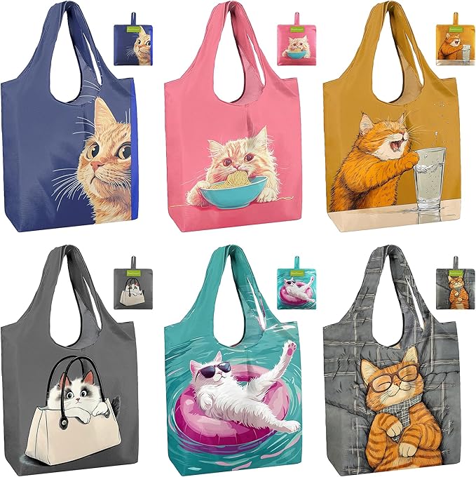 BeeGreen Cat Reusable Grocery Bags 6 Pack, Heavy Duty Totes for Women, Foldable Grocery Bag Large Shopping Totes with Handles for Work, Travel, Gift, Store, Polyester Washable Reusable Tote Bag