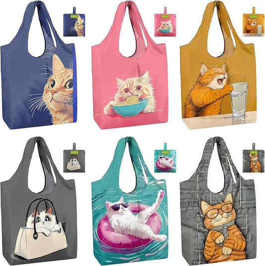 BeeGreen Cat Reusable Grocery Bags 6 Pack, Heavy Duty Totes for Women, Foldable Grocery Bag Large Shopping Totes with Handles for Work, Travel, Gift, Store, Polyester Washable Reusable Tote Bag