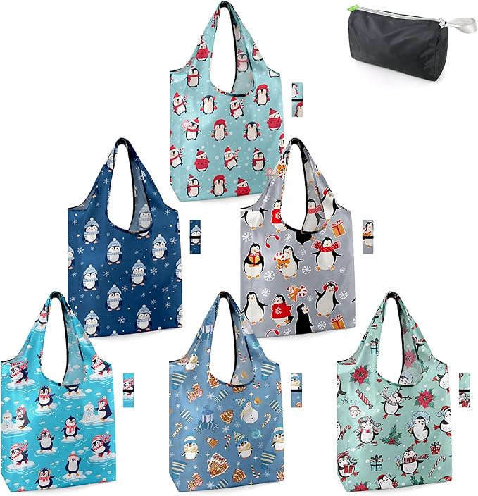 BeeGreen Christmas Reusable Grocery Bags with Zipper Storage Pouch 6 Pack Peguins Reusable Shopping Bags Bulk with Elastic Band Foldable-Machine Washable Christmas Gifts Tote Bags
