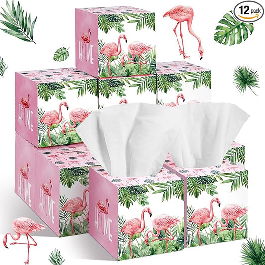 12 Pack Summer Flamingo Facial Tissues Cube Face Boxes 600 Sheets 3 Ply Small Pink Flamingo Square Tissues Bulk for Summer Tropical Hawaii Car Bedroom Party Supplies