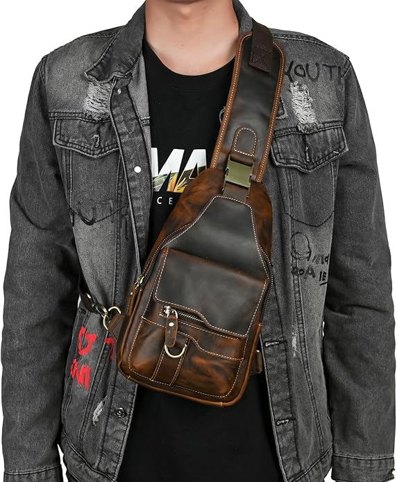 Genuine Leather Hiking Travel DayPack Sling Crossbody Triangle Chest Pack Bag For Men Women 8241