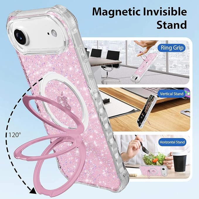 Magnetic for iPhone Air Case with Invisible Stand, Compatible with MagSafe, Clear Bling Sparkle Shockproof Slim Anti-Slip Military Drop Protection Hard Phone Case 6.5" Glitter Pink