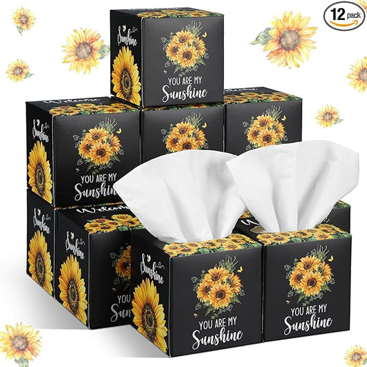 12 Pack Summer Sunflower Facial Tissues Cube Boxes 600 Sheets 3 Ply Small Square Face Tissues Bulk for Summer Car Bedroom Supplies