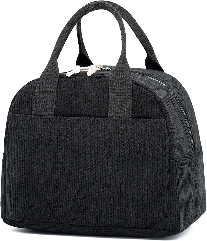 Insulated Black Lunch Bag for Men Women, Stylish Corduroy Tote with Aluminum Lining, Large Capacity Reusable Cooler for Work, Travel, Beach or Picnic, Soft Black Water-Resistant Lunch Box