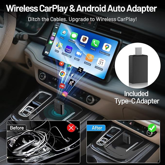 onffo Wireless CarPlay Adapter for iPhone and Android Auto, Convert Wired to Wireless Car Play Adapter for Apple iOS 10+/Android 10+