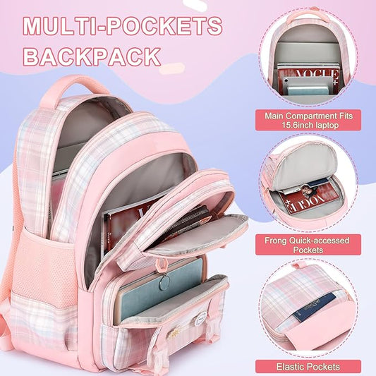 MOMUVO Girls Backpack with Lunch Box, Backpack and Lunch Box Set, Backpacks for Teen Girls Kindergarten Elementary Preschool Middle