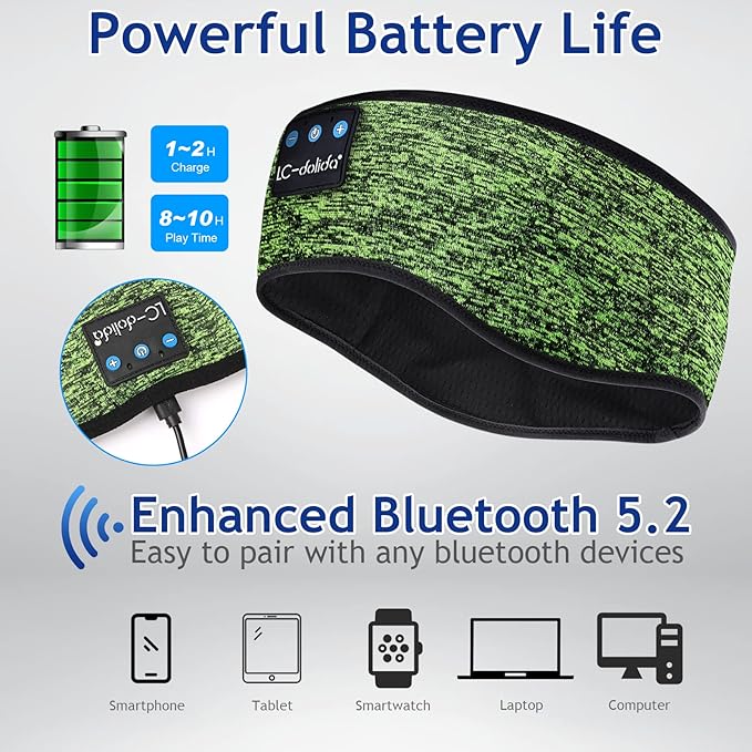 LC-dolida Sleep Headphones Bluetooth Headband Sleeping Wireless Headband Headphones with Thin HD Stereo Speakers Perfect for Side Sleepers, Sport, Yoga, Travel