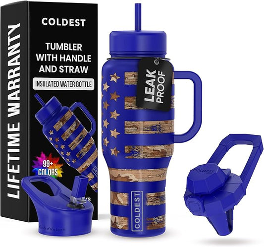 Coldest Tumbler with Handle and Straw - 100% Leak Proof Insulated Tumbler with Lid and Straw (3 Lids) - Stainless Steel Tumblers for Women & Men - Cup Holder Friendly Base, 36 oz (The Democrat)