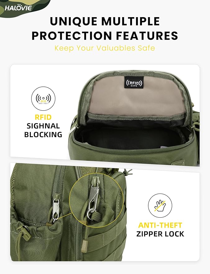 HALOVIE Anti-theft Tactical Sling Bag RFID ArmyGreen Military Shoulder Bag with Phone Pack EDC Molle Crossbody Bag for men
