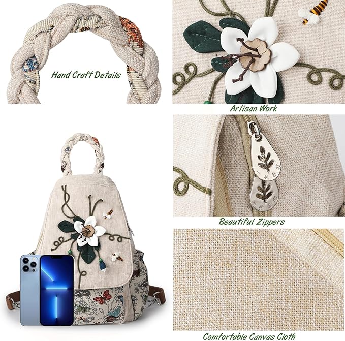 Ladys Convertible Sling Bag, Hand Craft Artisan Purse, Girls Beautiful Canvas Premium Casual Day Mini Backpack for Women (Flower Bee)