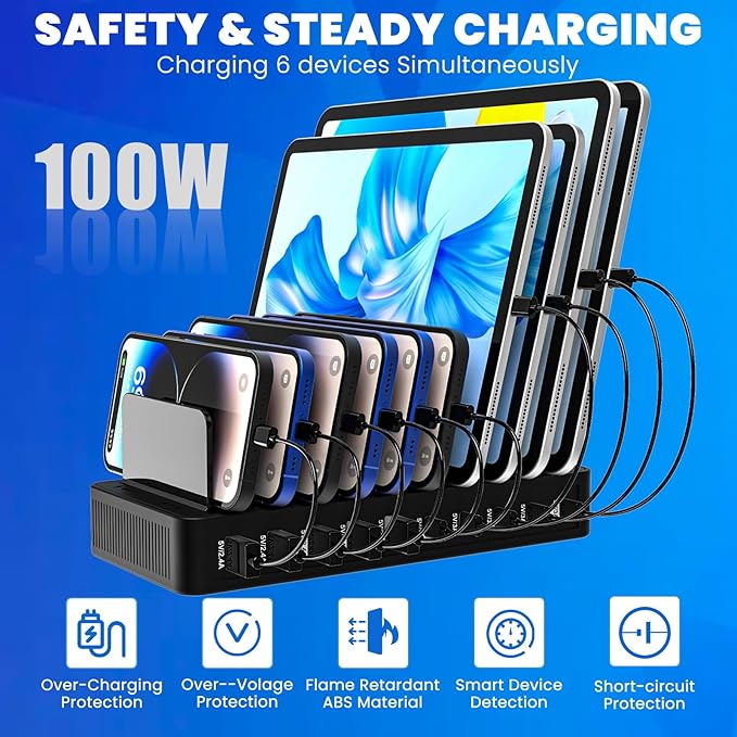 Charging Station for Multiple Devices, 100W 10 Ports Flat Plug Charging Dock with 10 Cables Smart IC Tech and Adjustable Dividers Type-C，Multi USB Charger for iPhone Galaxy iPad Tablet，Black