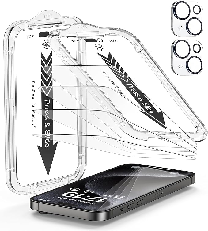EZ-GLAZ- 4 Pack for iPhone 15 Plus Screen Protector [6.7"] With 2 Pack Camera Lens Protector, 9H+ Hardness 12FT Military Grade Shatterproof Scratch Resistant Durable Tempered Glass Film with Flawless Fit Kit, HD Clear
