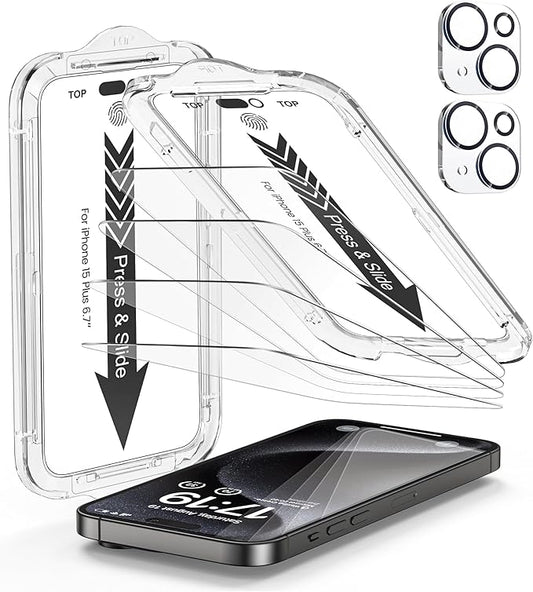 EZ-GLAZ- 4 Pack for iPhone 15 Plus Screen Protector [6.7"] With 2 Pack Camera Lens Protector, 9H+ Hardness 12FT Military Grade Shatterproof Scratch Resistant Durable Tempered Glass Film with Flawless Fit Kit, HD Clear