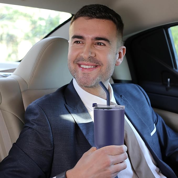 VEGOND 30 oz Insulated Stainless Steel Tumbler with lid and straw Double Wall Vacuum Travel Coffee Mug with Non-Slip Silicone Base, Sweat Proof Powder Coated Cup for Hot Cold Drinks, Navy