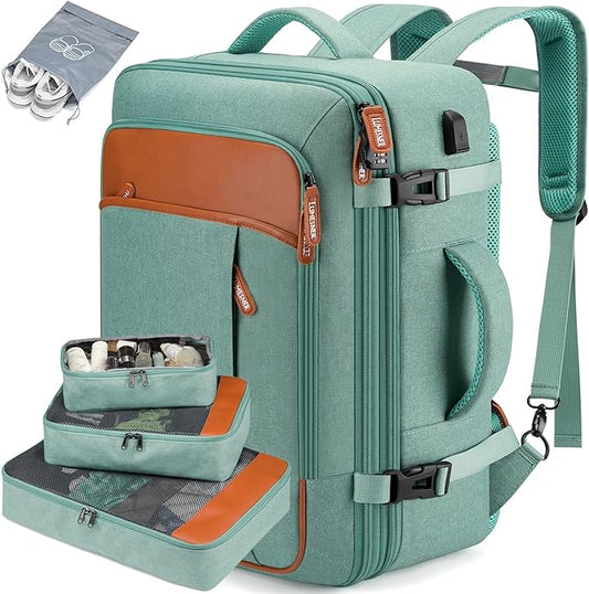 Carry on Travel Backpacks, Extra Large 40L Flight Approved Bag for Men & Women,Expandable Suitcase Backpack With 4 Packing Cubes,Water Resistant Luggage Daypack Business Weekender Bag,Green
