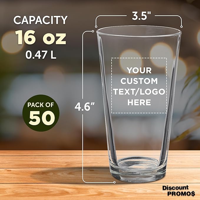 Custom Casale Pint Glass 16 oz. Set of 50, Personalized Bulk Pack - Beer Glasses, Heavy Duty Drinkware - Clear