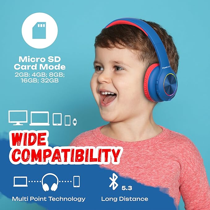 PowerLocus PLED Kids Bluetooth Headphones, Kids Wireless Headphones with LED Lights, 74/85/94dB Safe Volume, Micro SD, AUX Cable, Hi-Fi Stereo, Built-in Mic Over Ear Kid Headphone for Travel/Tablet/PC