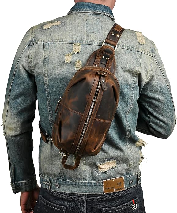 Thick Crazy horse Leather Triangle Crossbody Sling Chest Bag Travel One Shoulder Bag Daypack For Men Male 3028