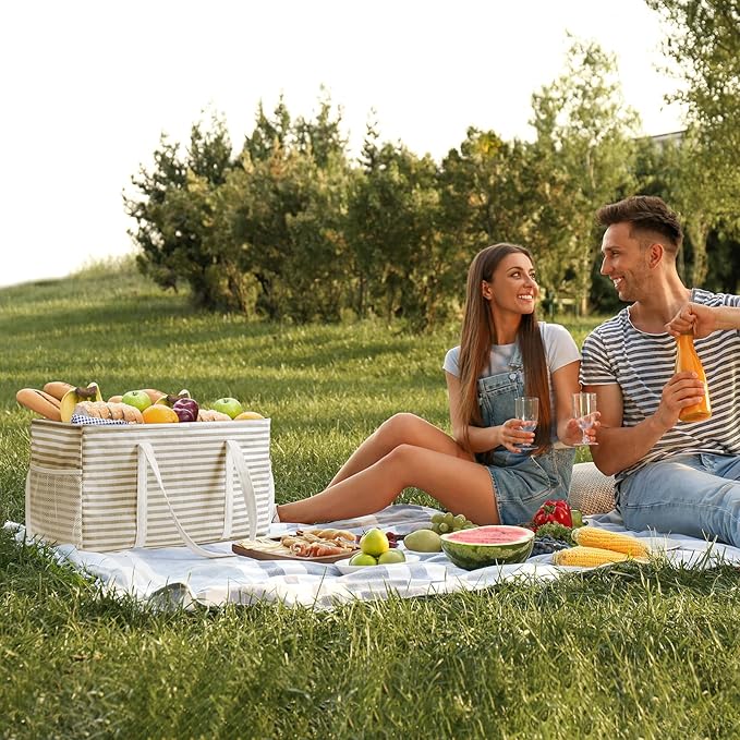 Lifewit Extra Large Tote Bag, Reusable Grocery Bags with Metal Wire Frame and Handles, Standing Utility Foldable Shopping Bags for Storage, Picnics, Beach, Pool, Laundry, Car, Camping, 1 Pack, Beige