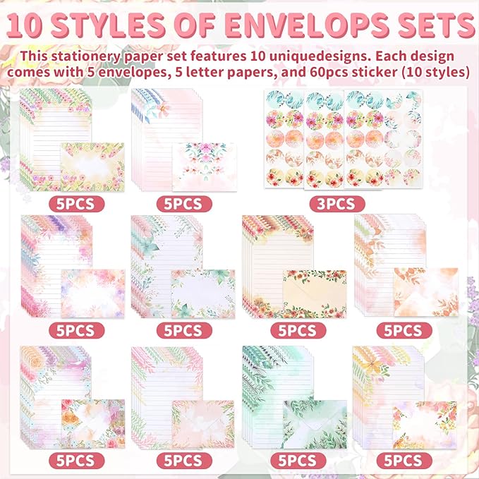 160 Pcs Stationery Paper Set Including 50 Matching Envelopes 50 One Sided Stationery Writing Papers 60 Round Dot Sticker for School Office Supplies,10 Design, 5.5 x 8.25 Inch(Flower)