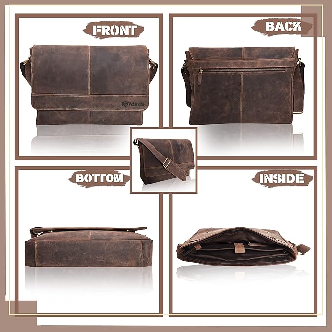 VALENCHI Leather Messenger Bag For Men, Women - 14" Leather Laptop Messenger Briefcase & Shoulder Bag - Office, Work, College, Casual - Gift For Him, Her - Father's day (BROWN VINTAGE)
