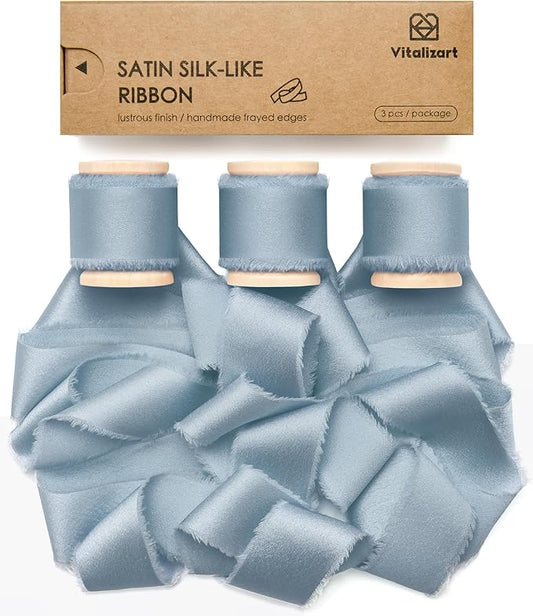 Vitalizart Blue Ribbon 1 inch Silk Satin Ribbon 15 Yard Dusty Blue Handmade Frayed Ribbons for Gift Wrapping Baby Shower Wedding Bridal Bouquets Holiday Decor