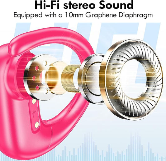 kurdene Wireless Earbuds Bluetooth Headphones Sport,Over Ear Buds with Deep Bass Sound,60Hrs Playtime Earphones Redesigned Comfort Fit with Earhooks for Running,Meeting,Workout-Hot Pink