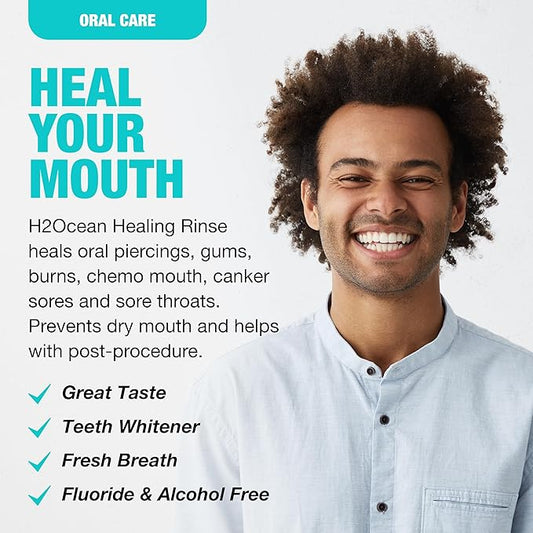 H2Ocean Healing Rinse Natural Sea Salt Oral Care - Mouth Rinse for Oral Care - Great for Piercings, Sore Throats & Gum Health - Alcohol- & Fluoride-Free Mouthwash - Lemon Ice, 8 oz